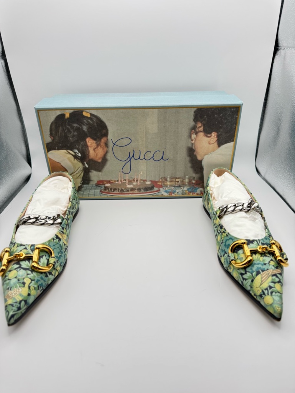 Gucci x Liberty Horsebit Chain Ballet Flats Floral Pointed Toe 36 W Box - Picture 8 of 8